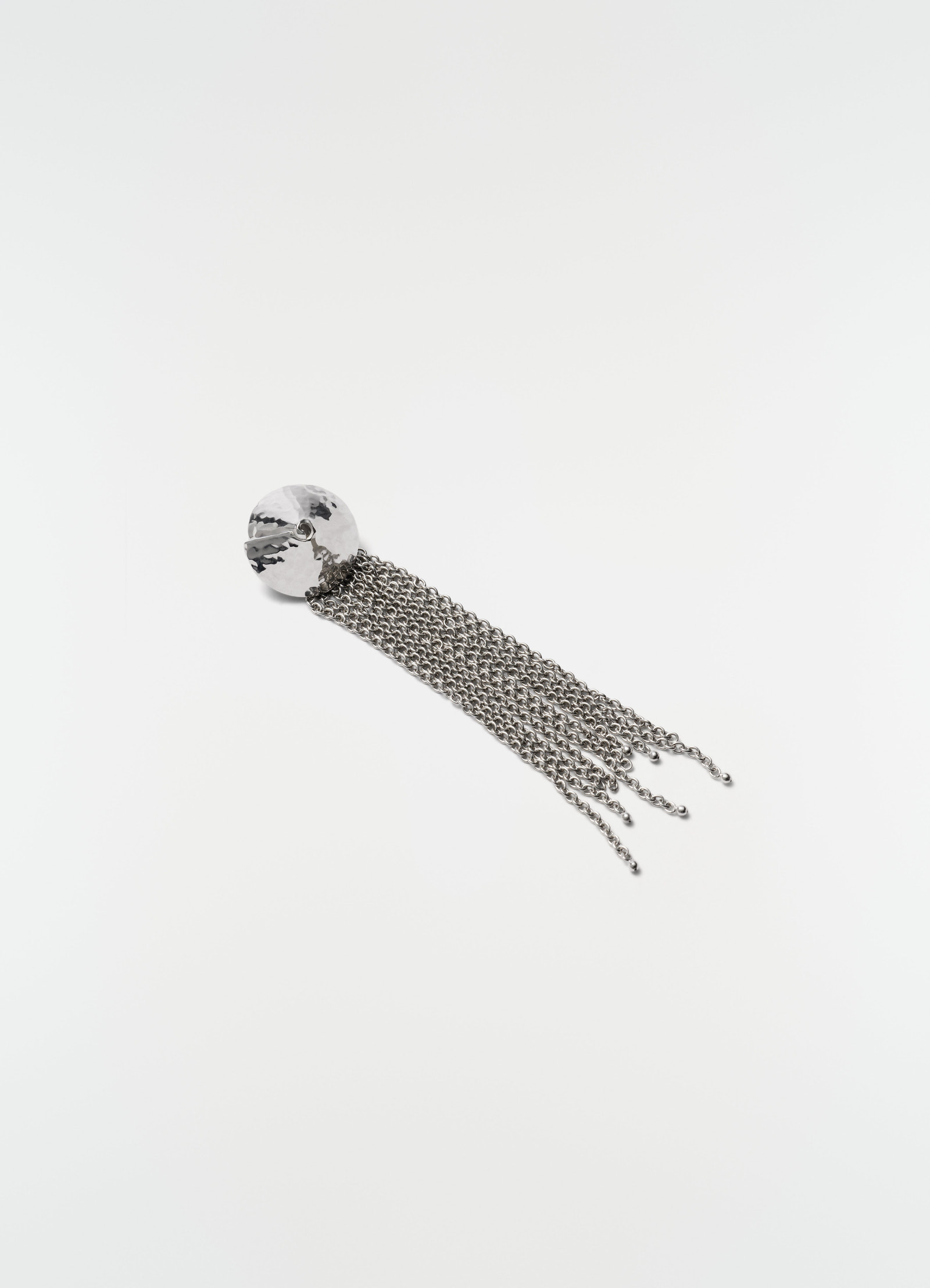 Chain tassel brooch lemaire in silver brass with hammered disc and dangling chains on plain white background