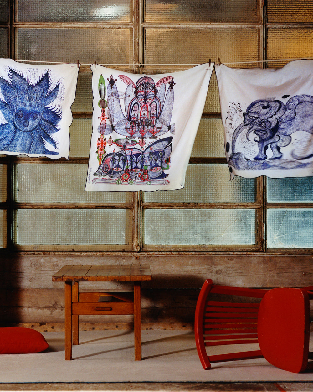 Decorative cloth in White with blue and red print, Front view Artistic illustrated design