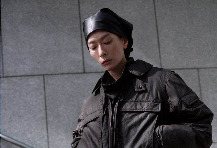 Jacket in Black leather, model shot, Worn view Oversized