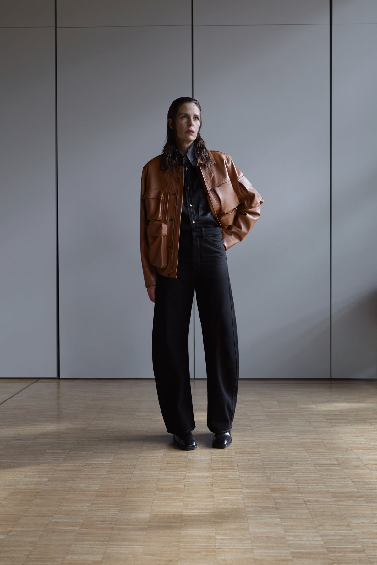 Lemaire Leather Blouson in Cowhide Leather, model shot, Front view Multiple pockets