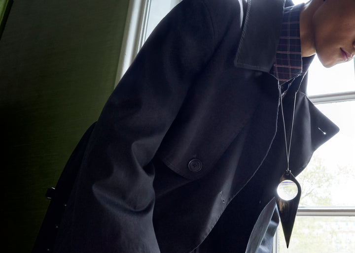 Wool coat in Dark blue wool, model shot, Side angle Oversized fit