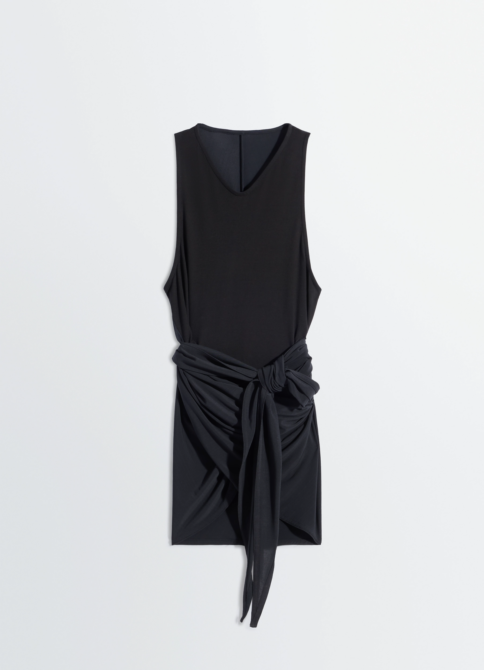 Sleeveless wrap top in viscose crepe jersey, product shot, top-down view center tie detail