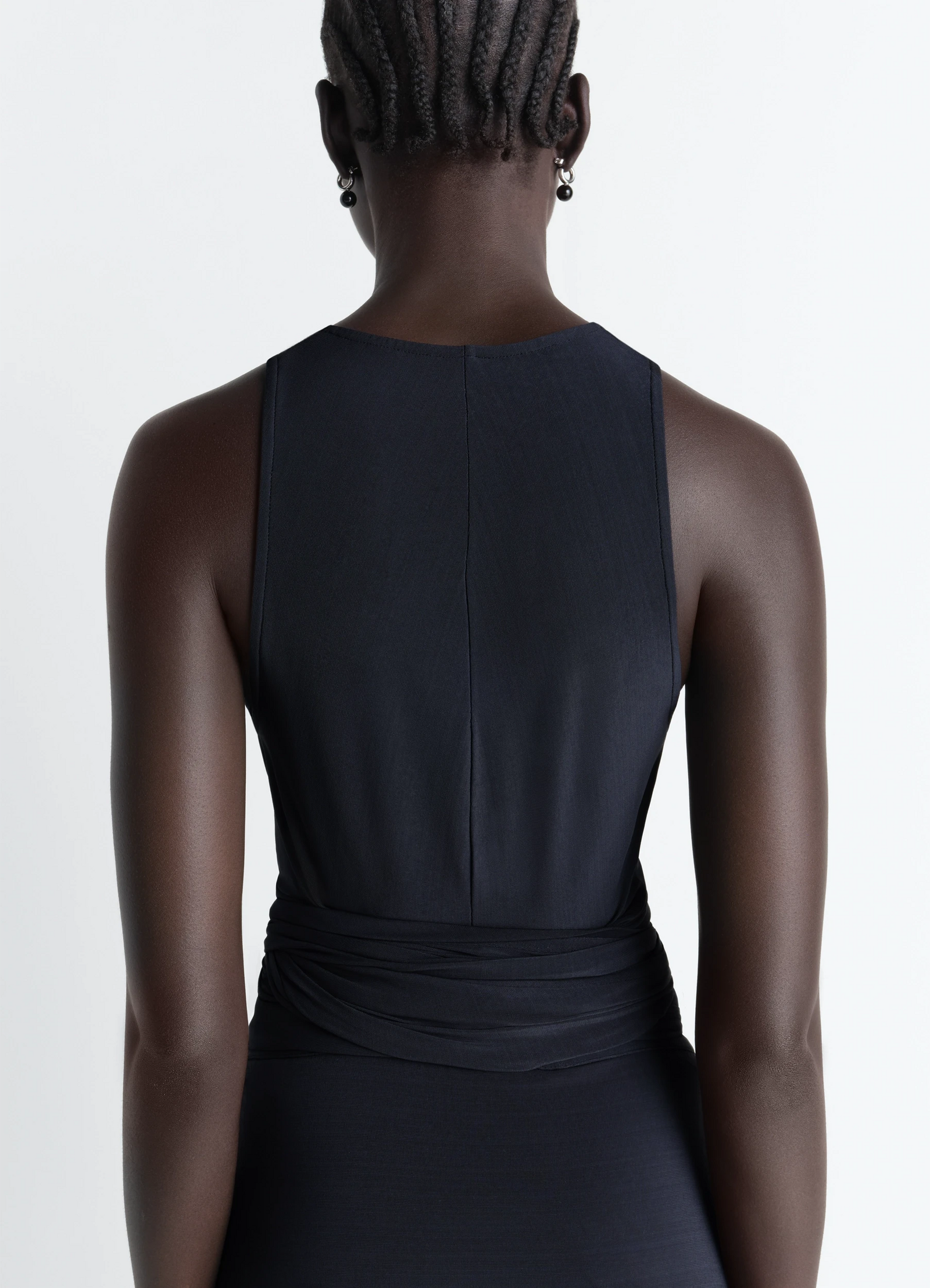 Sleeveless wrap top in viscose crepe jersey, model shot, back view smooth back panel