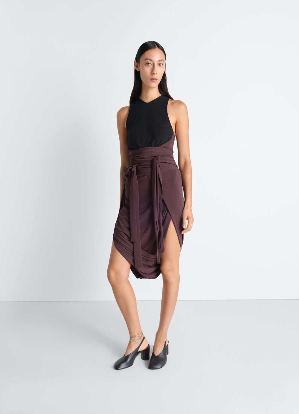 Sleeveless Wrap Top in Viscose Crepe Jersey, model shot, front view draped, tied wrap