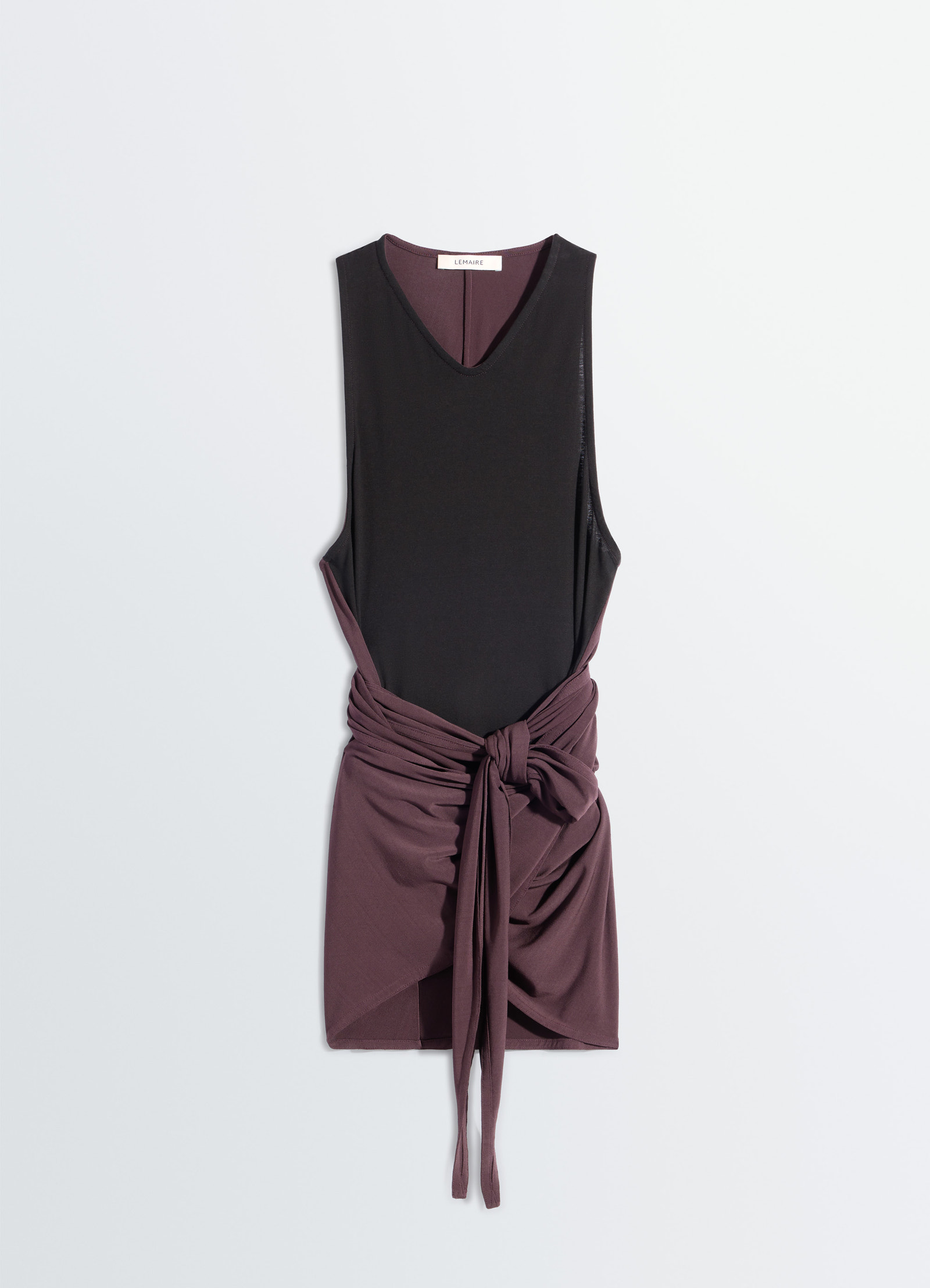 Sleeveless wrap top in viscose crepe jersey, product shot, angled packshot knotted front tie detail