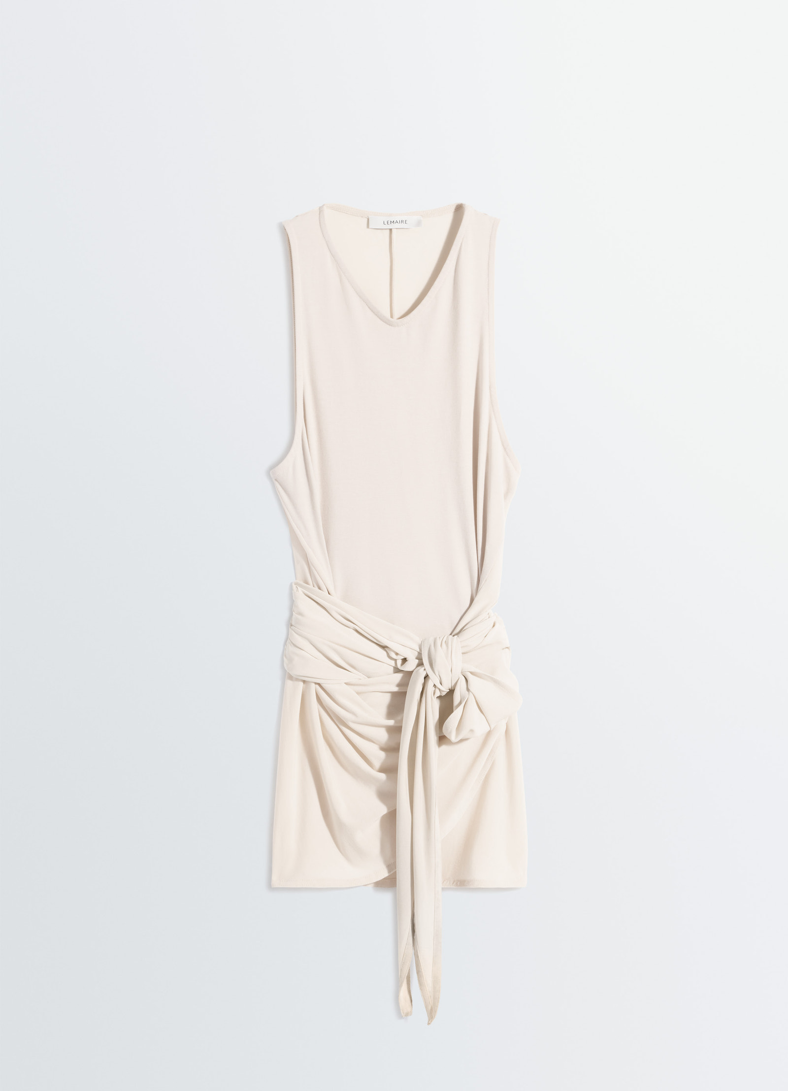Sleeveless wrap top in viscose crepe jersey, product shot, top down view knotted front detail