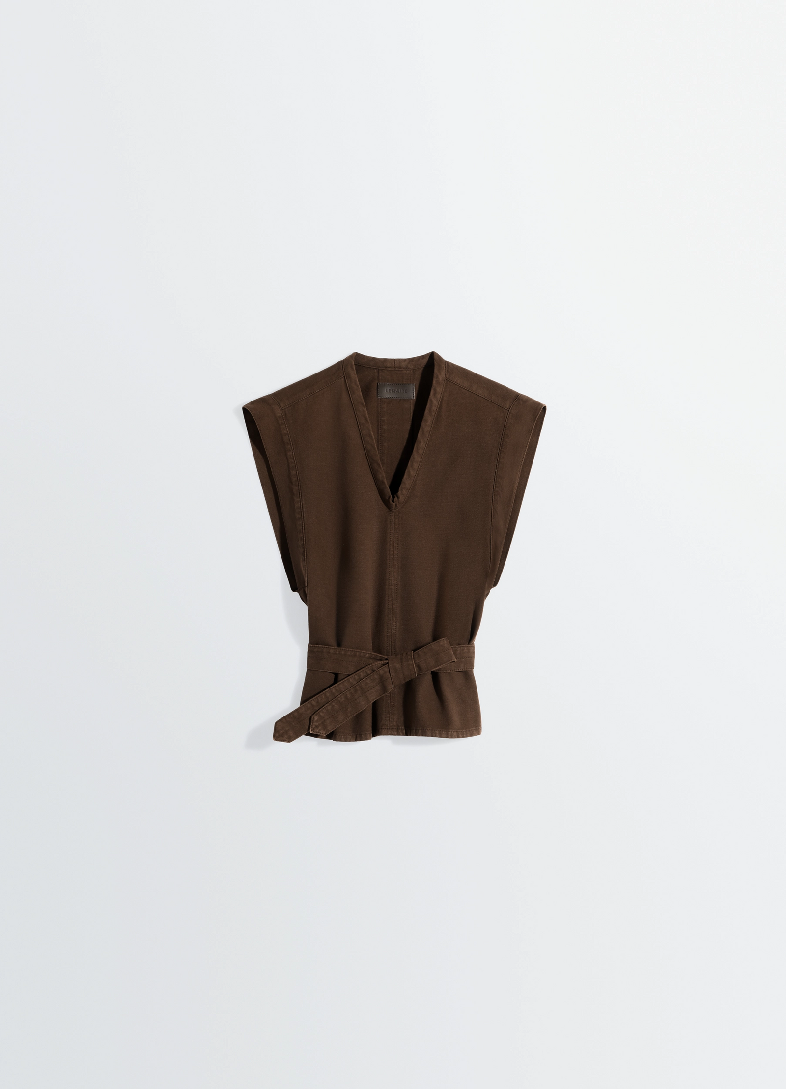 Chasuble in dyed broken twill in dyed broken twill, product shot, close-up front detail waist tie detail