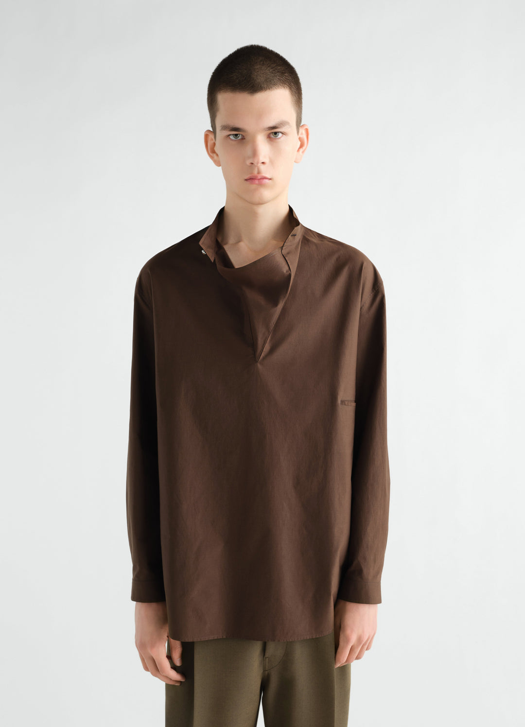 Sailor top in washed brown cotton and silk blend by LEMAIRE worn by model front view