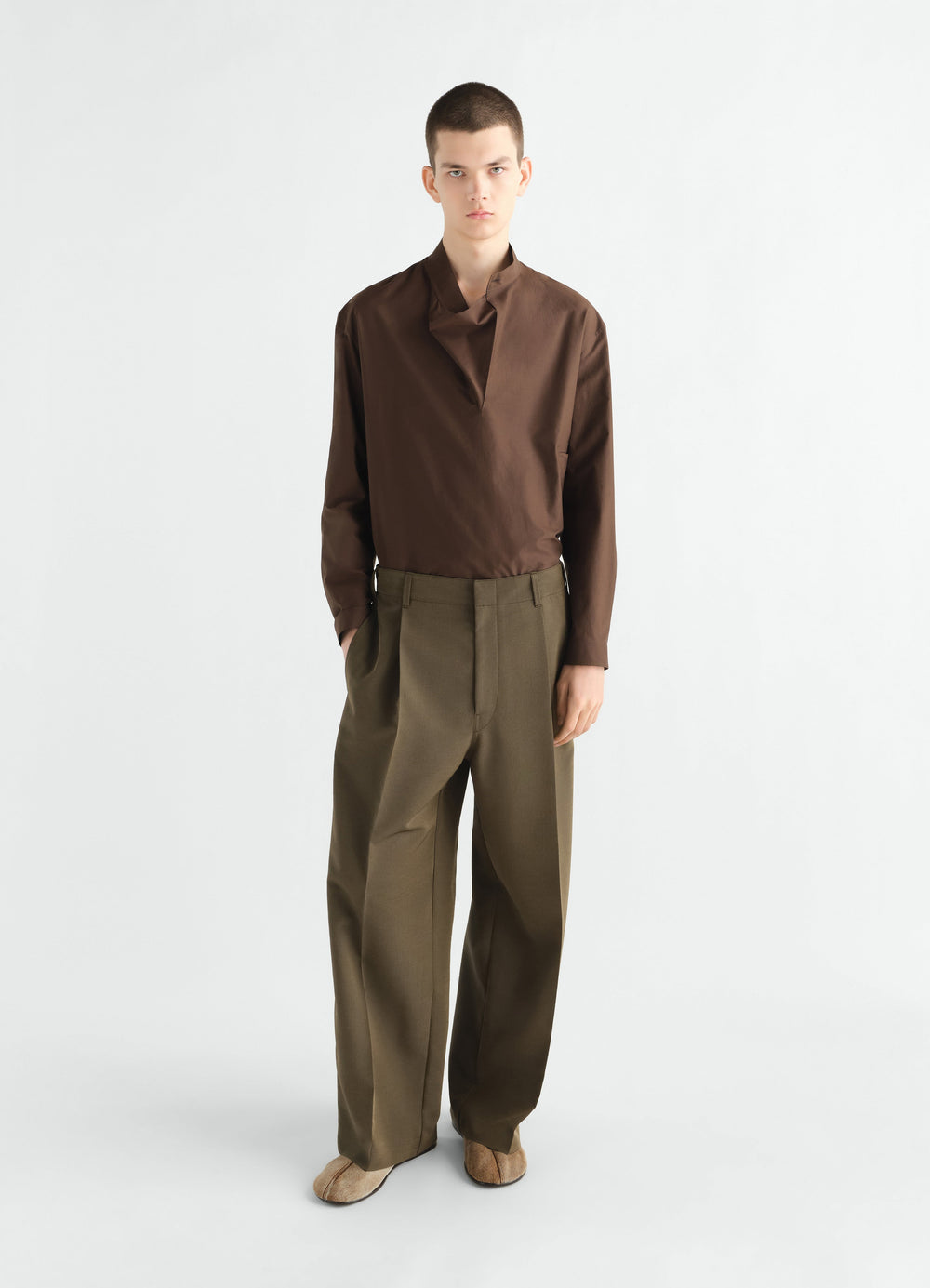 Sailor top in washed brown cotton silk blend worn by model front view LEMAIRE