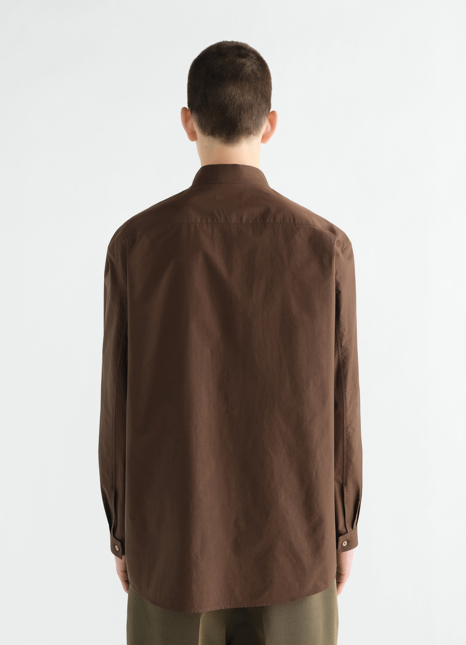 Sailor top lemaire brown washed cotton silk blend shirt back view worn by model