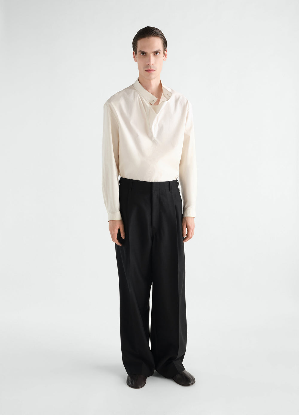 Sailor top in washed cotton and silk blend beige worn by model front LEMAIRE