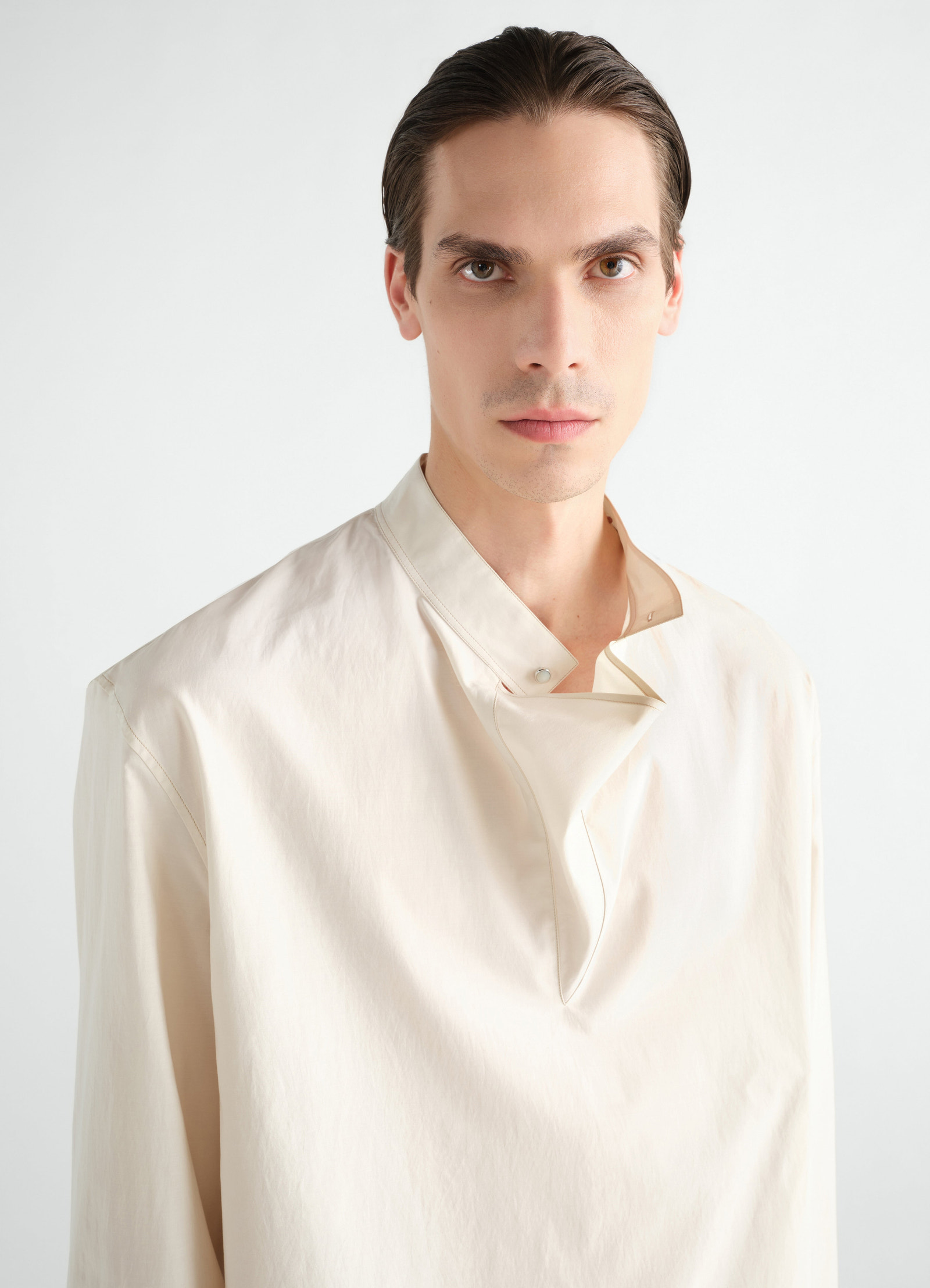 Sailor top in off-white washed cotton-silk blend worn by model front close-up lemaire