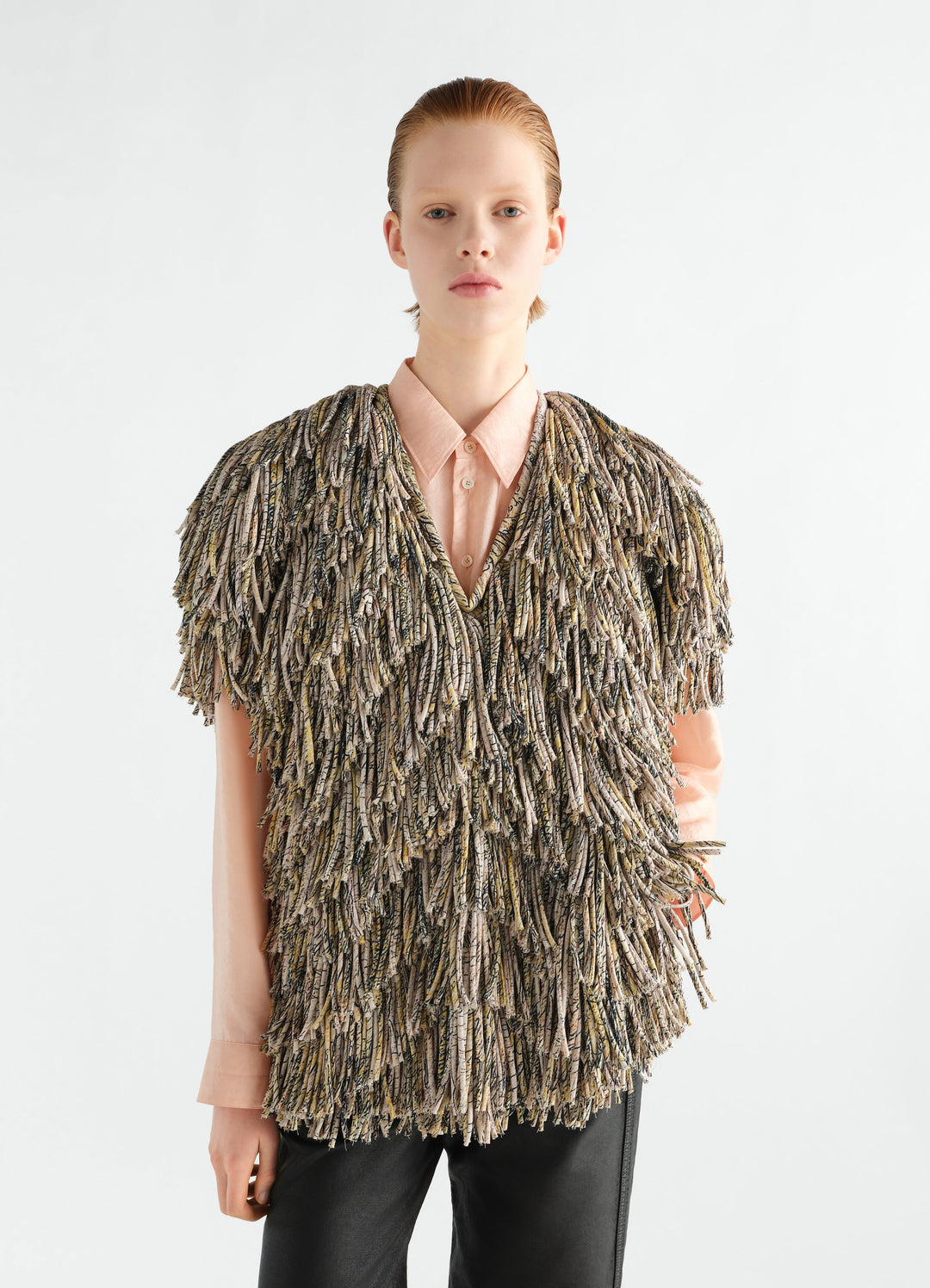 Fringed printed dry silk top in neutral tones worn by model front view LEMAIRE