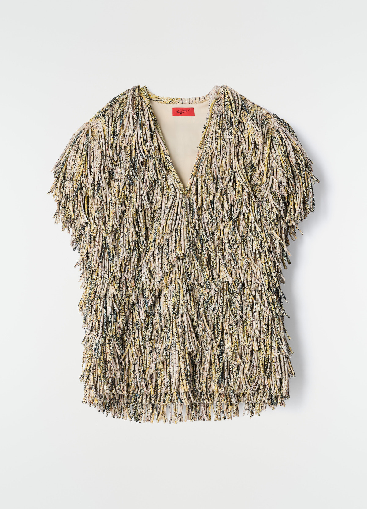 Fringed dry silk top in beige and black print with yellow accents by lemaire on plain white background