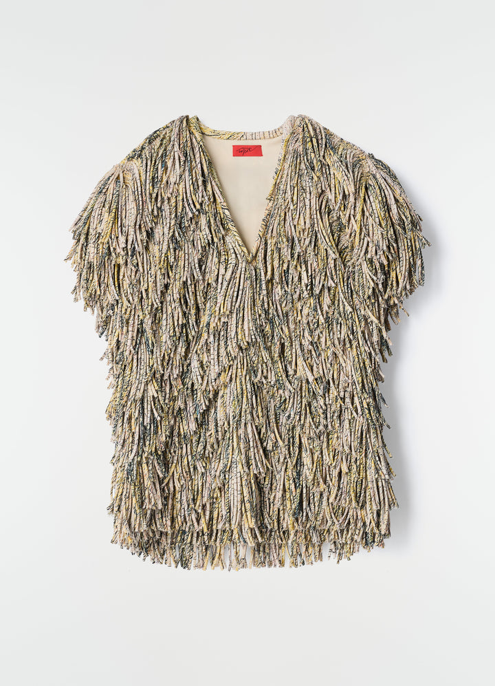 Fringed dry silk top in beige and black print with yellow accents by LEMAIRE on plain white background