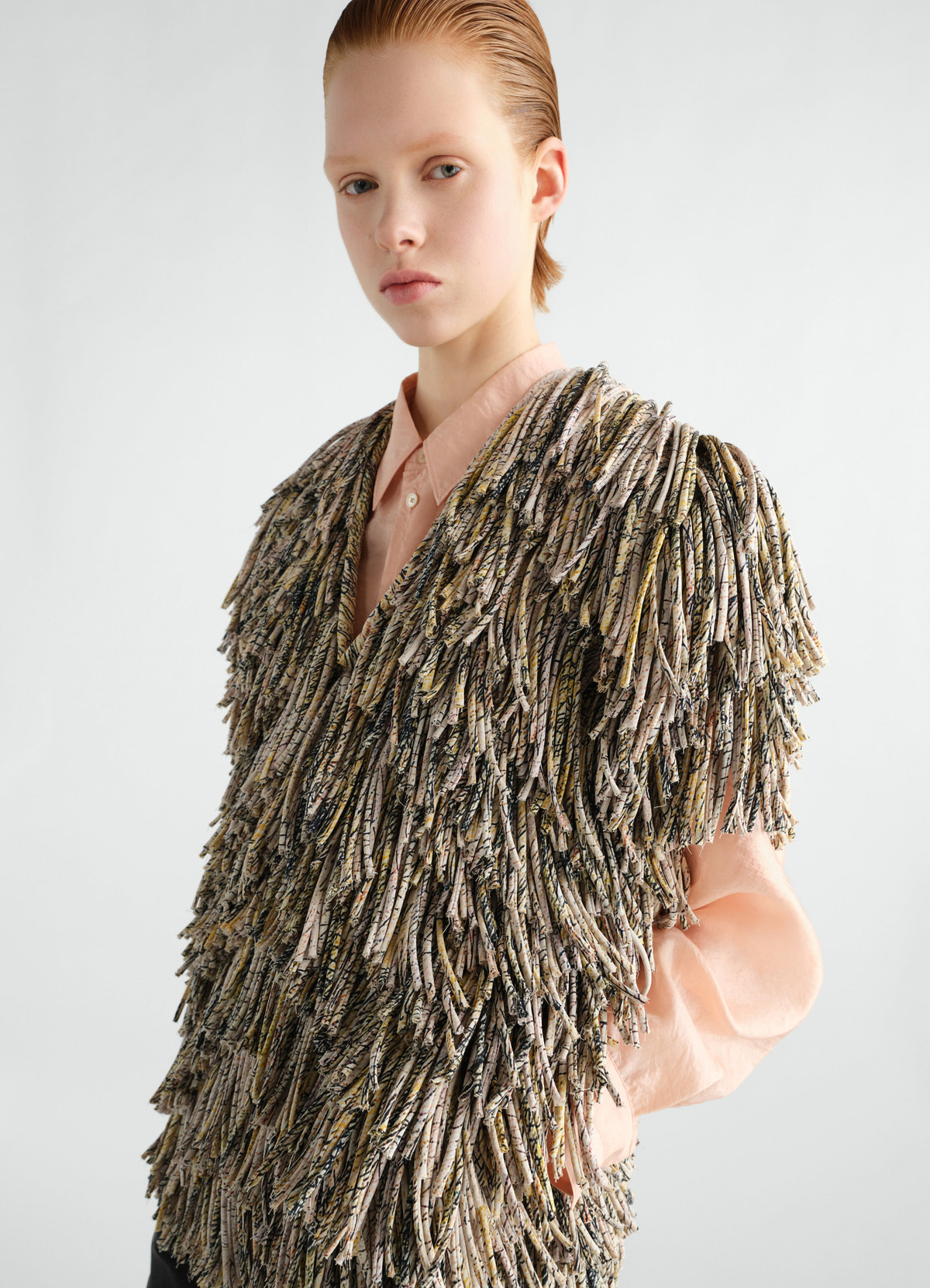 Fringed printed dry silk top in beige and black worn by model front view lemaire