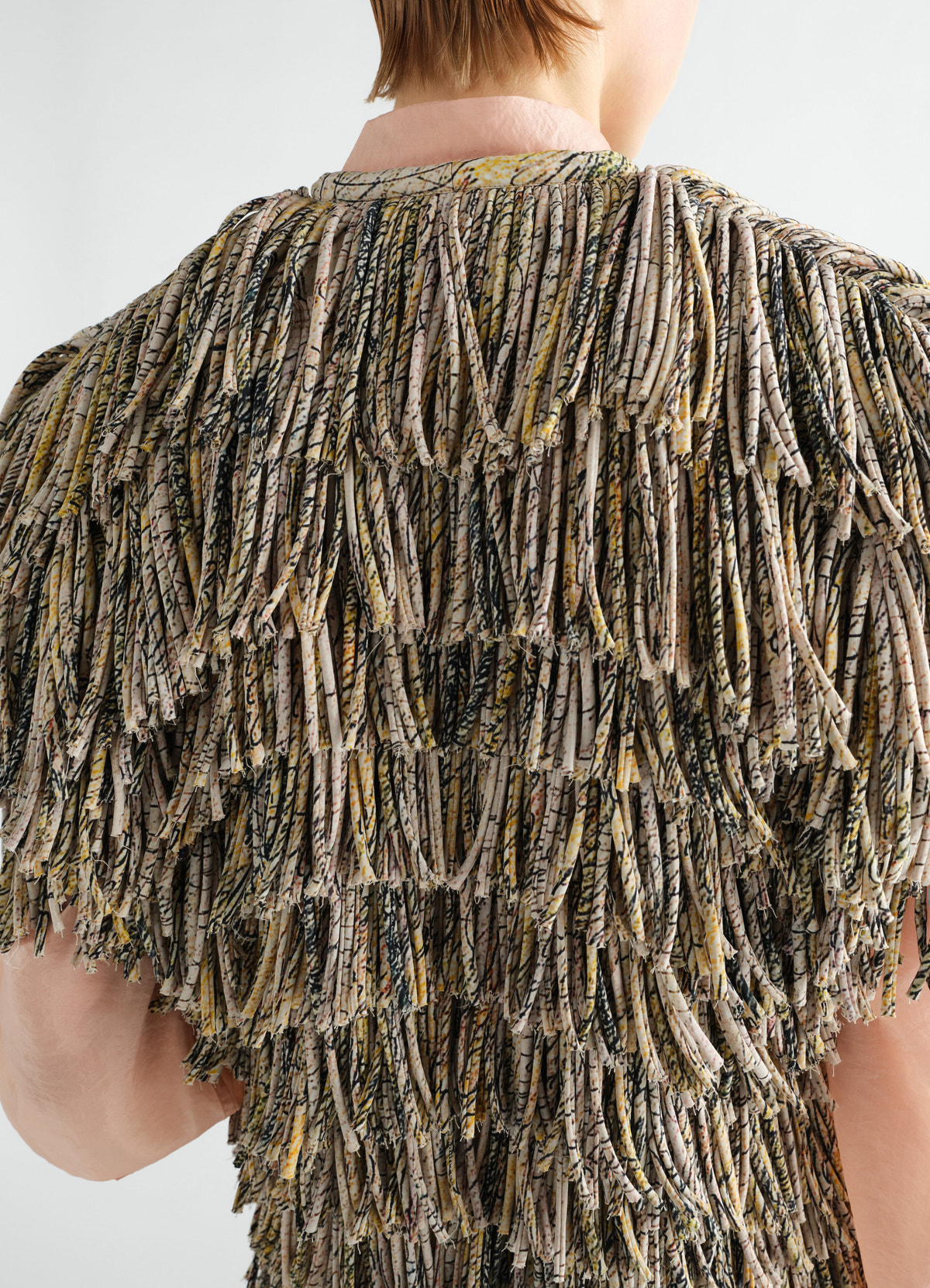 Fringed top in multicolour printed dry silk worn by a model back view lemaire