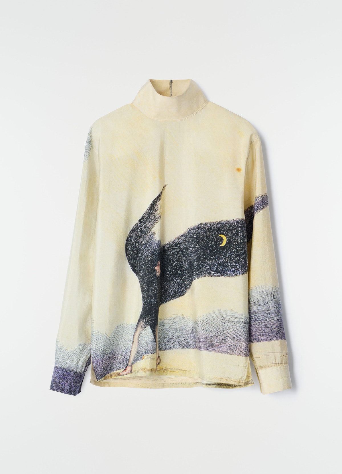 Stand-collar beige silk top with dark abstract figure print lemaire front view on white background