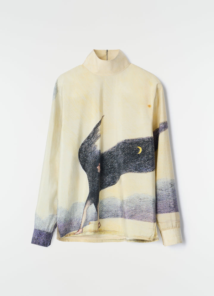Stand-collar beige silk top with dark abstract figure print LEMAIRE front view on white background