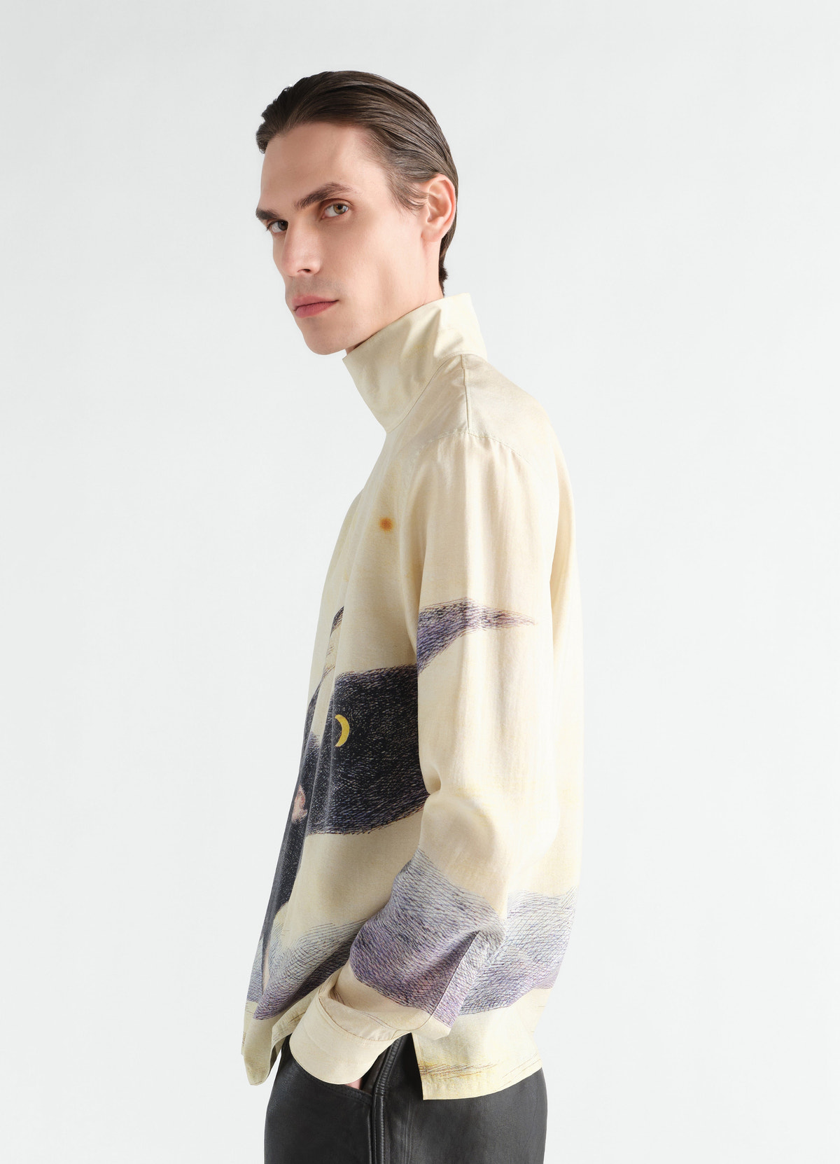 Stand-collar silk top in beige with la nuit qui marche print by lemaire worn by model side view