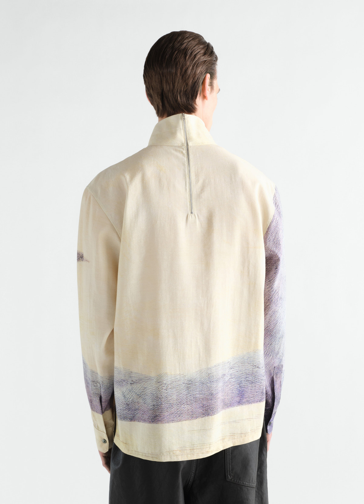Stand-collar cream silk top with purple print lemaire worn by model back view