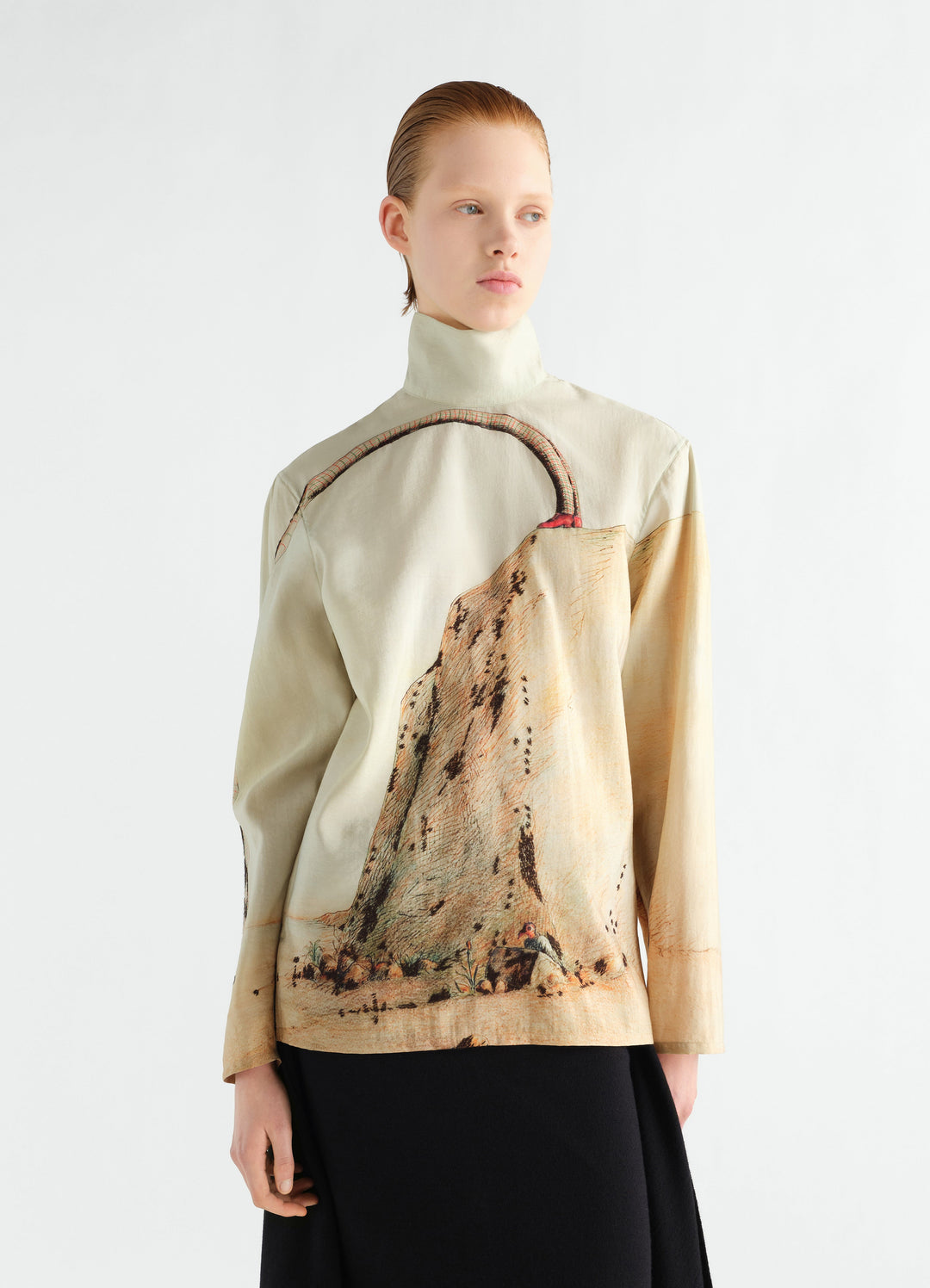 Stand-collar dry silk top in beige with art print worn by model LEMAIRE front view