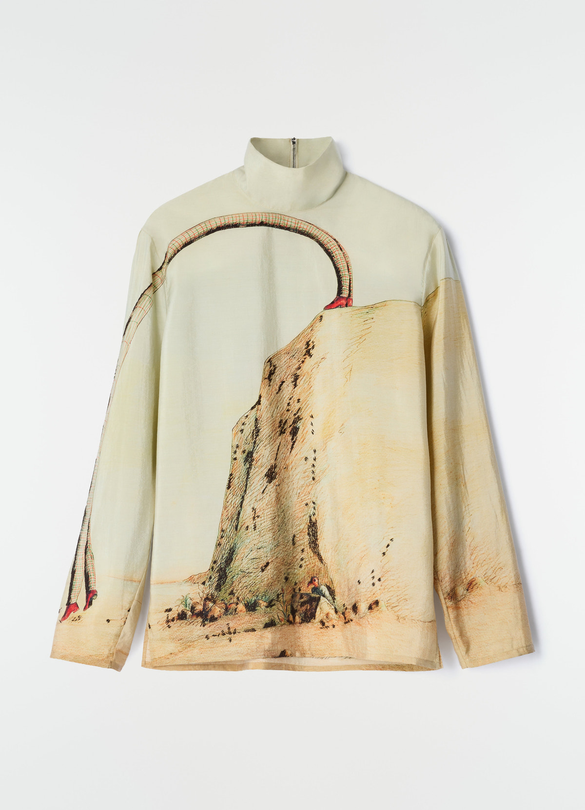 Stand-collar dry silk top in pale beige with "salto mortale" print by lemaire on plain white background