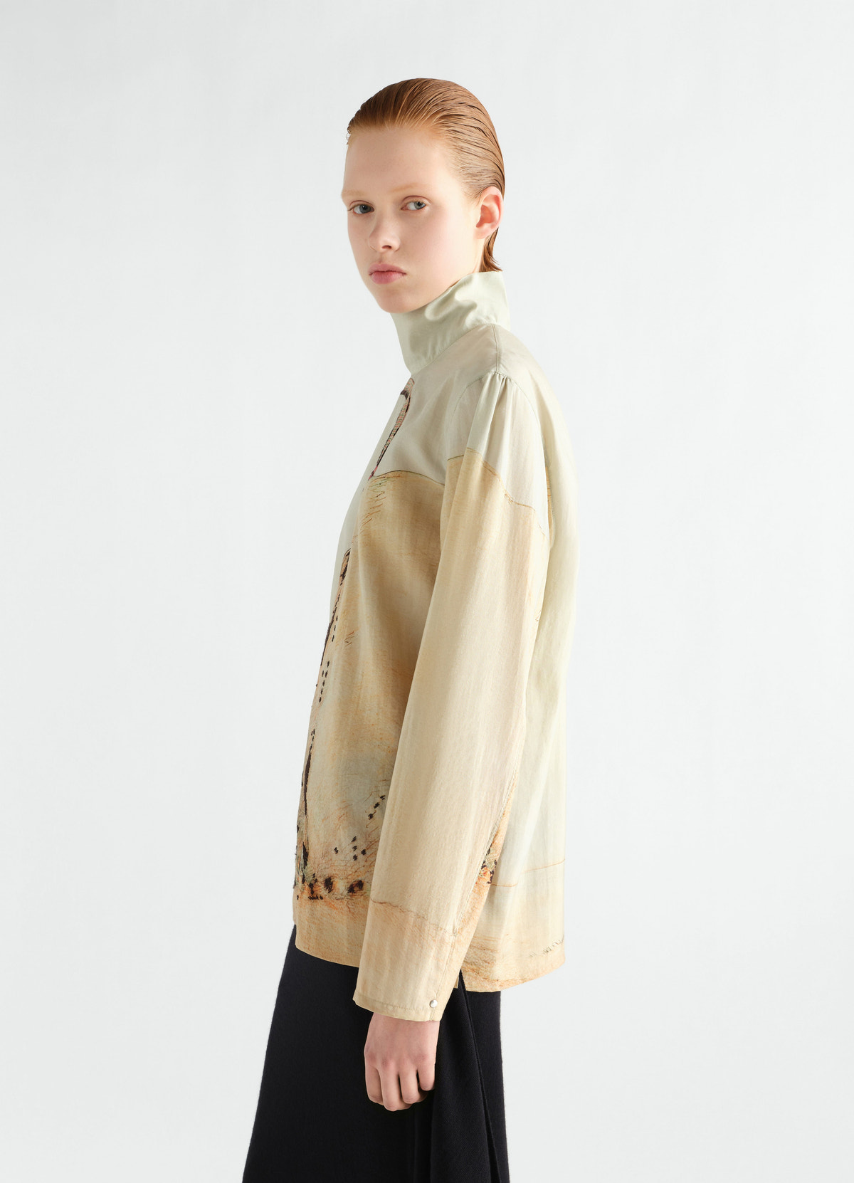 Stand-collar beige printed dry silk top by lemaire worn by model side view