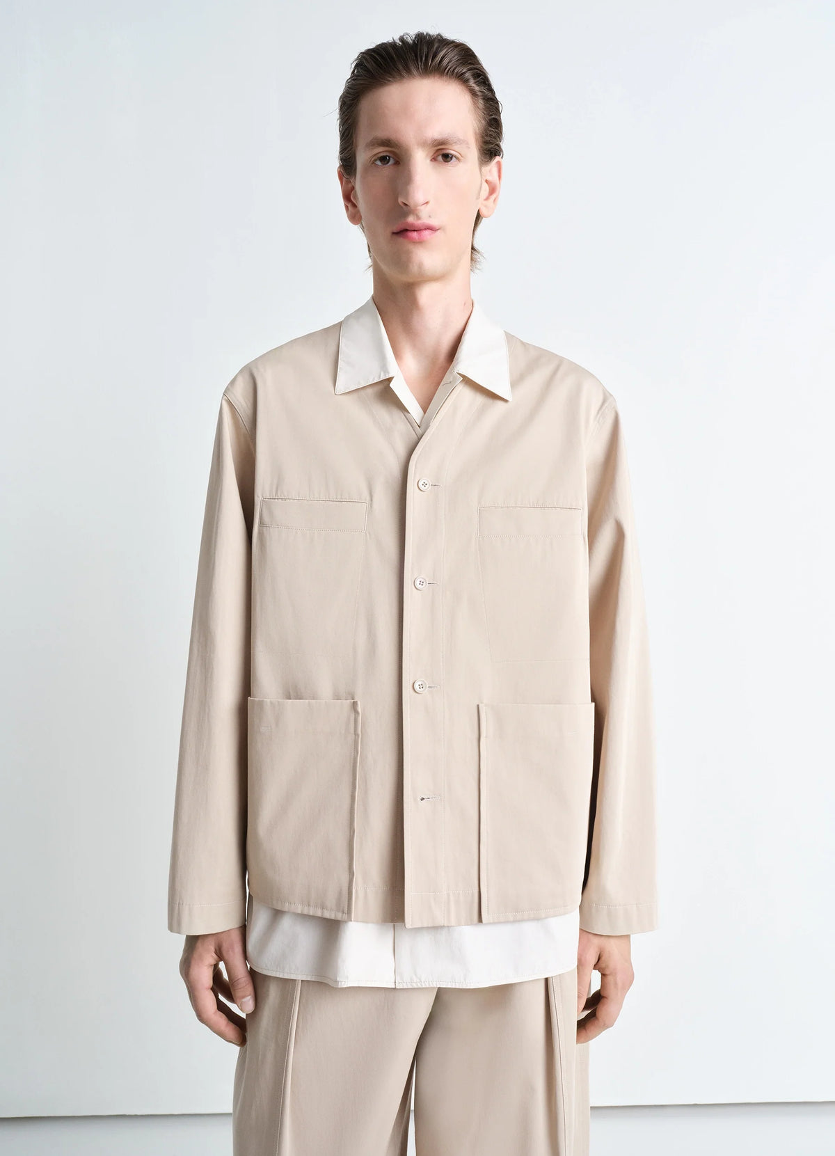 Collarless Overshirt in Compact Cotton Twill, model shot, front view V-neck, chest welt pockets