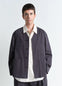 Collarless Overshirt in Compact Cotton Twill, model shot, Front view V-neck with pockets