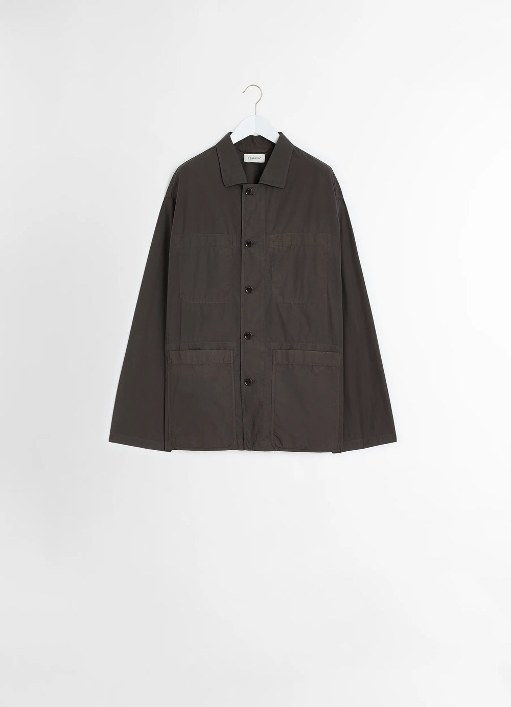 Workwear Shirt Jacket in Lightweight Cotton Poplin, product shot, hanging display buttoned collar, flat pockets