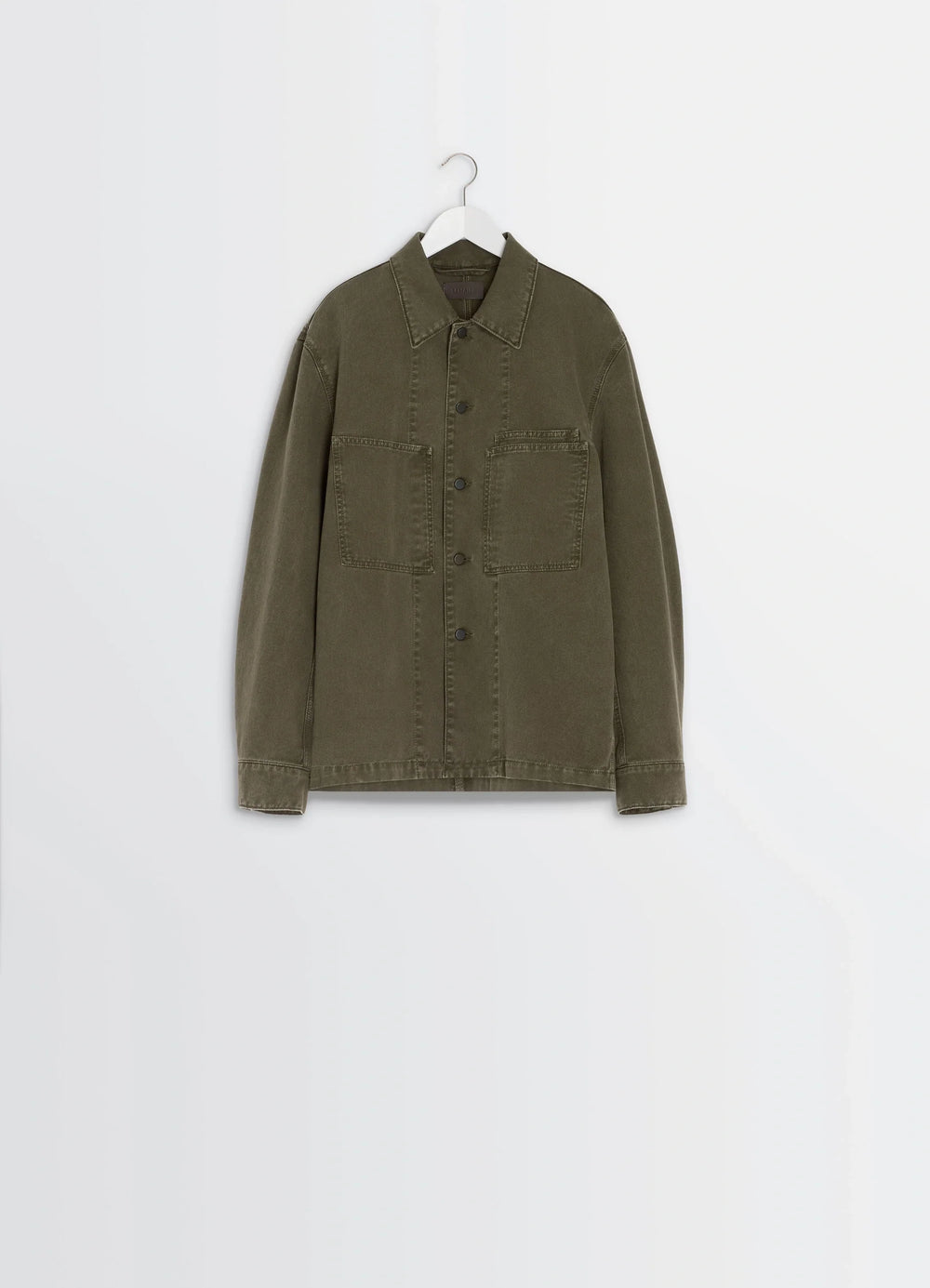 Lemaire Workwear Overshirt in Garment Dyed Snowy Denim, product shot, hanger front view structured shoulders, clean seams