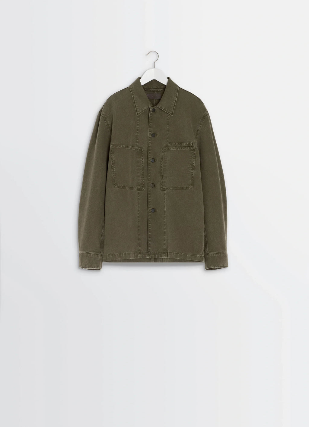 Lemaire Workwear Overshirt in Garment Dyed Snowy Denim, product shot, hanger front view structured shoulders, clean seams