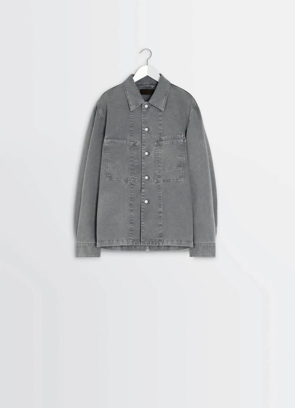 Lemaire Workwear Overshirt in Garment Dyed Snow Medium Denim, product shot, side angle stitch detailing