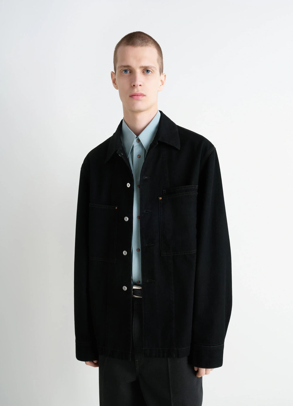 Lemaire Workwear Overshirt in Deep Black Medium-weight Denim, model shot, Front view Relaxed fit