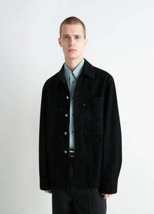 Lemaire Workwear Overshirt in Deep Black Medium-weight Denim, model shot, Front view Relaxed fit