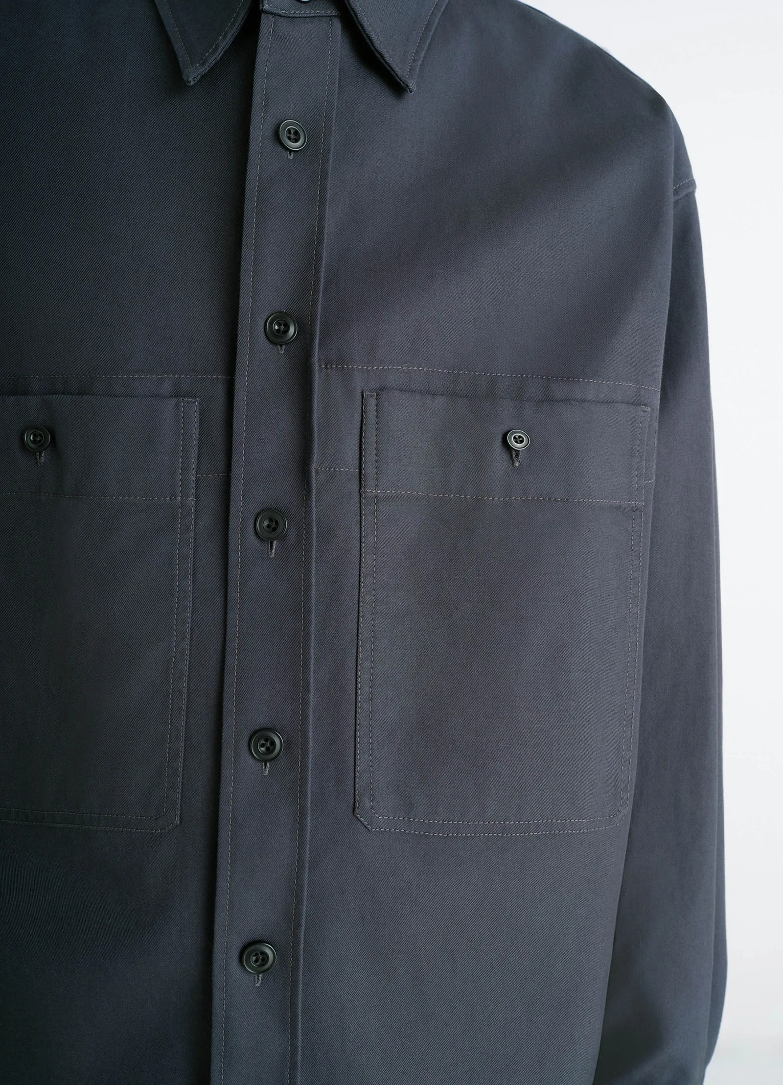 Utility overshirt in thick cotton twill, product shot, detail shot double pocket close-up