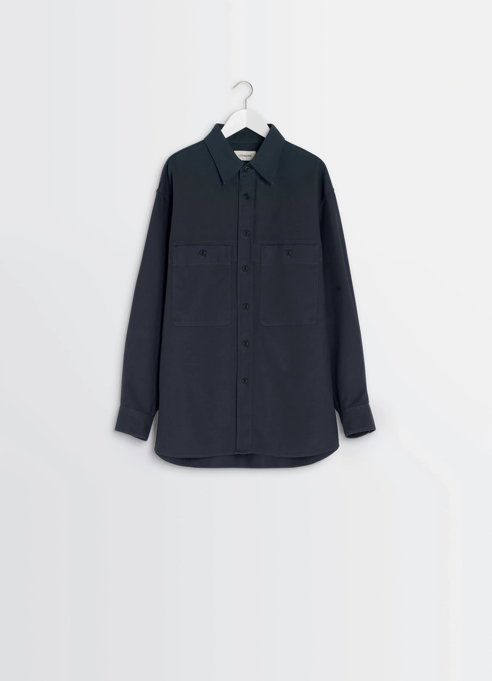 Utility overshirt in thick cotton twill, product shot, back view collar detail