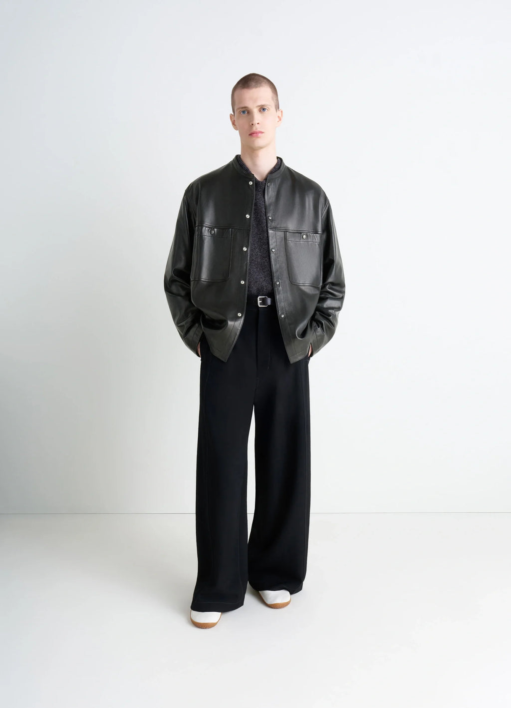 Leather Collarstand Overshirt in Nappa Lamb Leather, model shot, full front view snap button closure