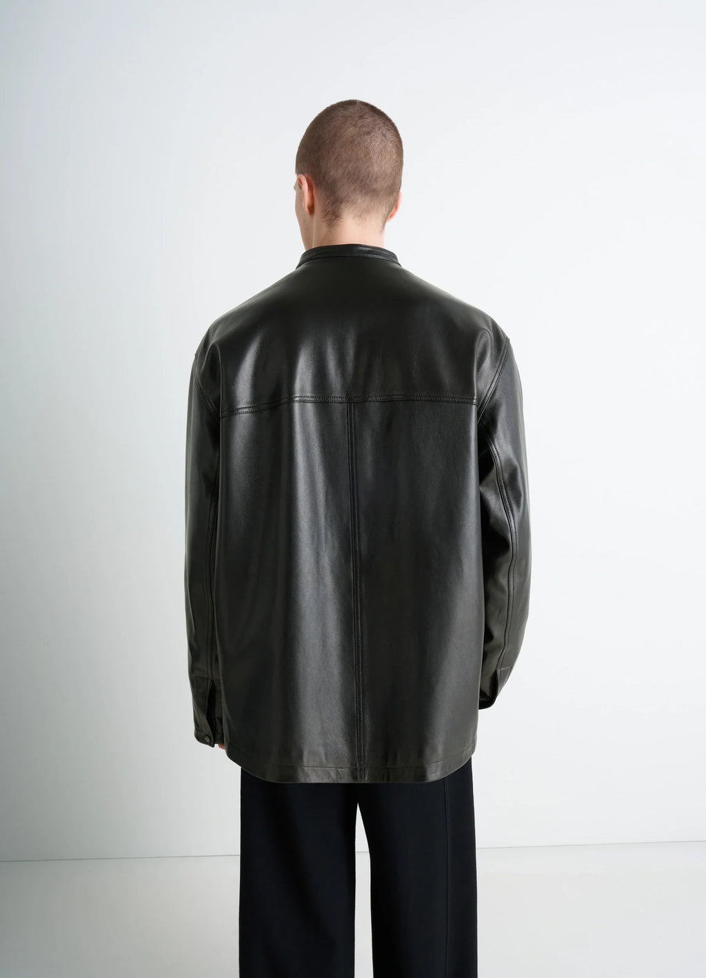 Leather Collarstand Overshirt in Nappa Lamb Leather, model shot, back view relaxed fit