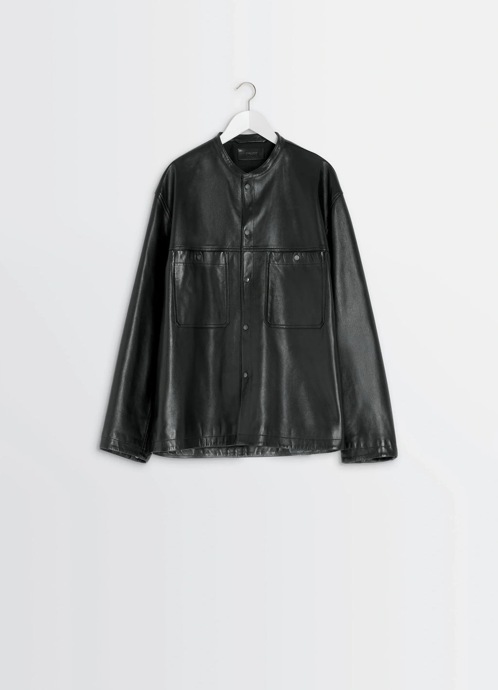 Leather Collarstand Overshirt in Nappa Lamb Leather, product shot, hanger side view dropped shoulder design