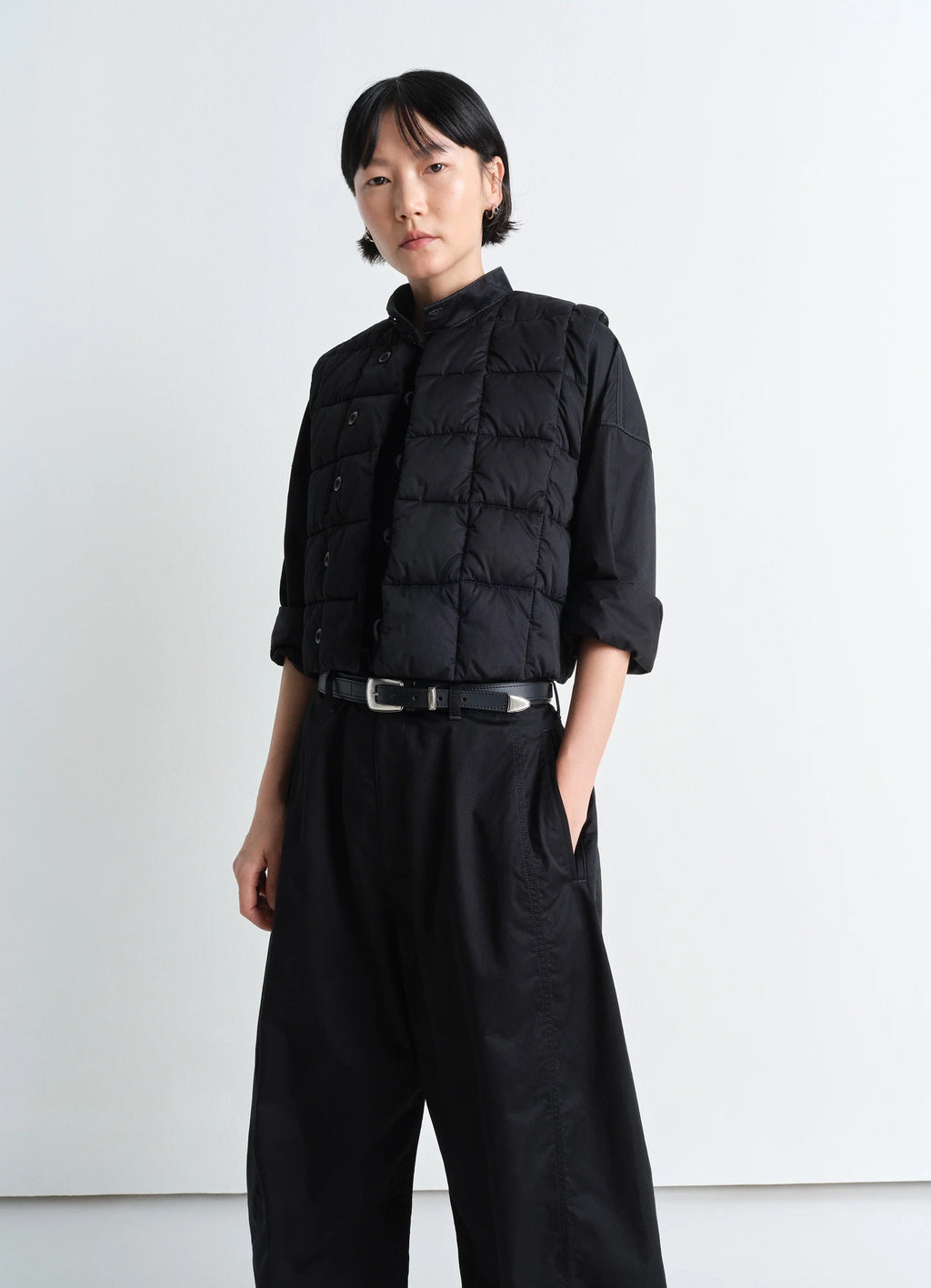 Lemaire Wadded Gilet in Black Cotton Satin, model shot, Front view Generous armholes