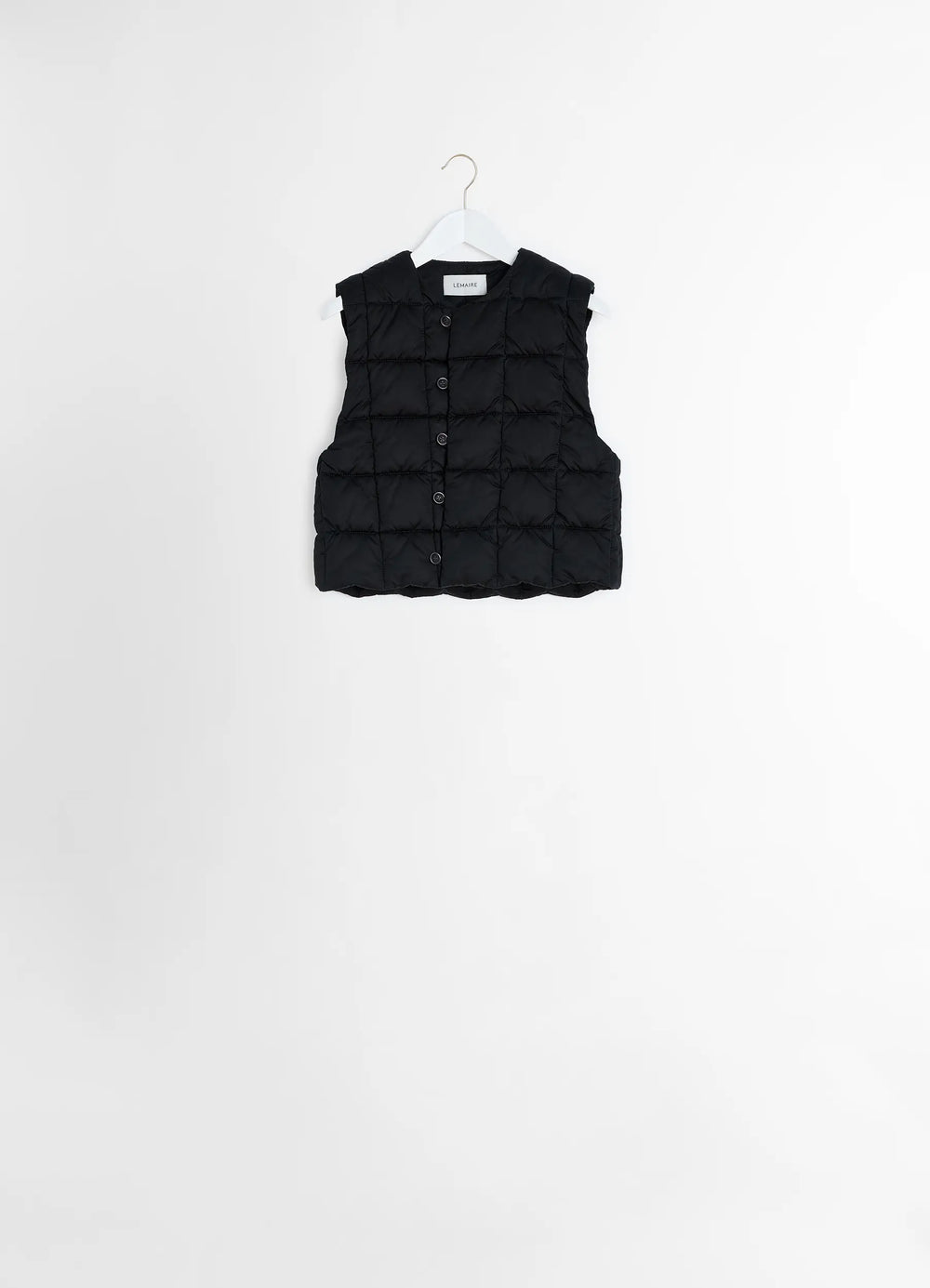 Lemaire Wadded Gilet in Black Cotton Satin, product shot, sleeveless close-up hang display quilted