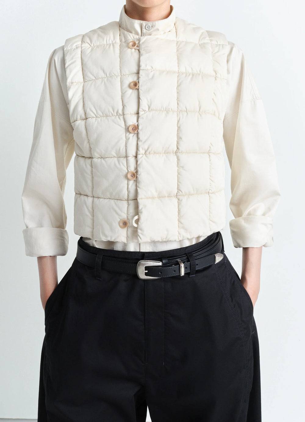 Lemaire Wadded Gilet in Light Cotton Satin, model shot, front view quilted texture visible
