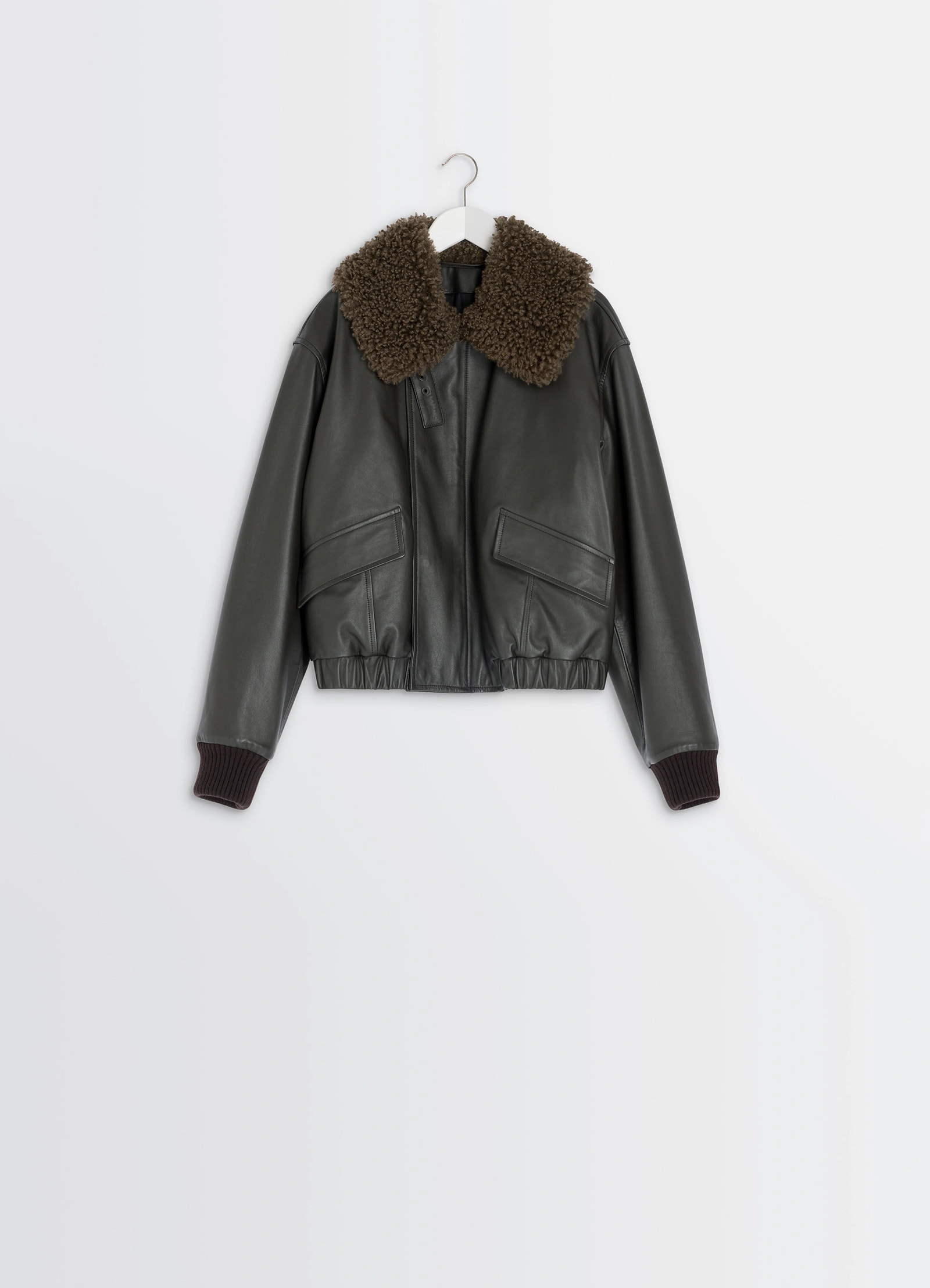 Lemaire leather blouson in nappa cow leather shearling, product shot, hanger display pocketed design