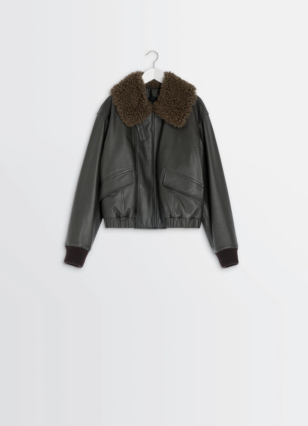 Lemaire Leather Blouson in Nappa Cow Leather Shearling, product shot, hanger display pocketed design