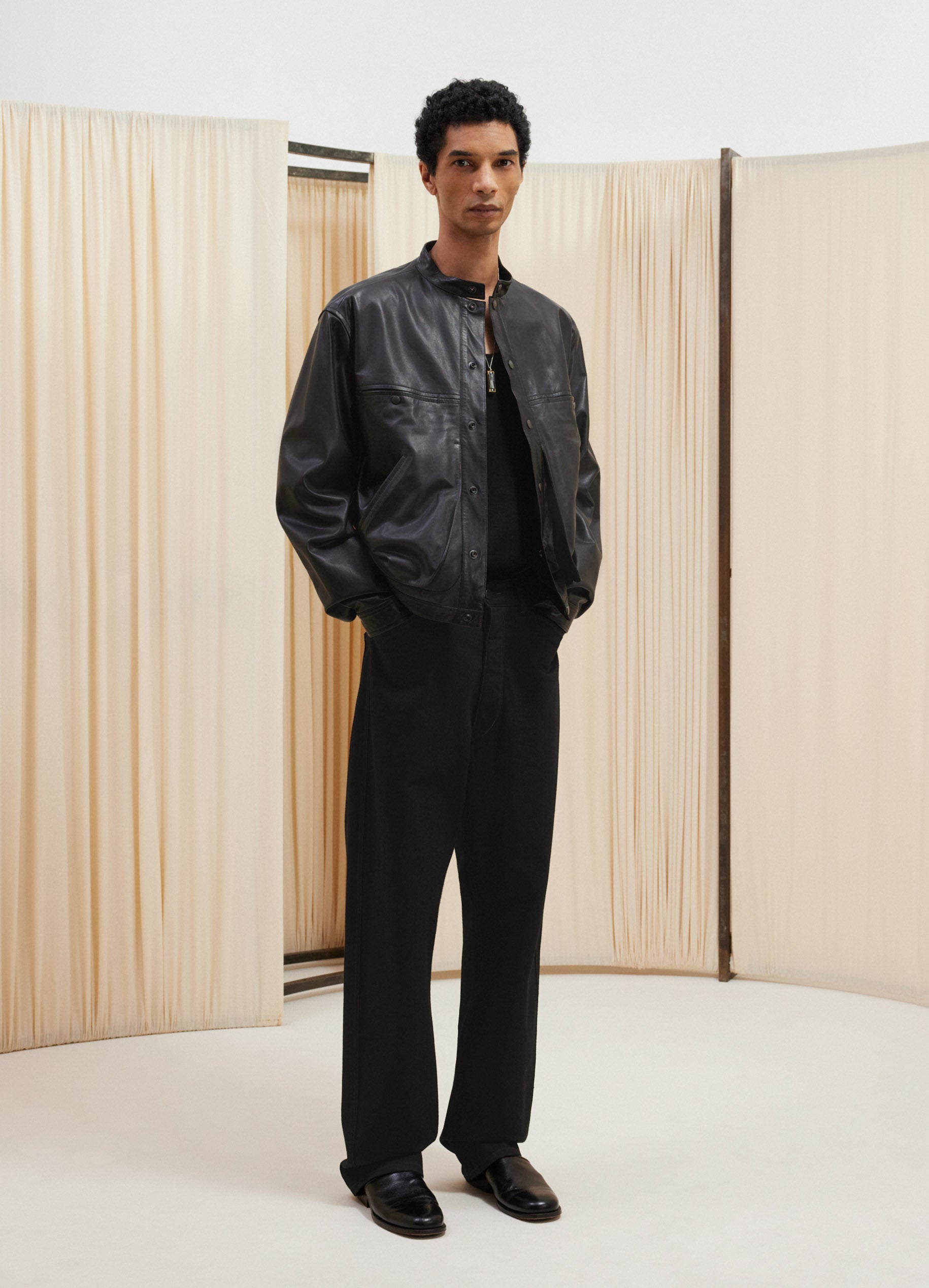 Black Stand Collar Blouson in Soft Nappa Cow Leather | LEMAIRE