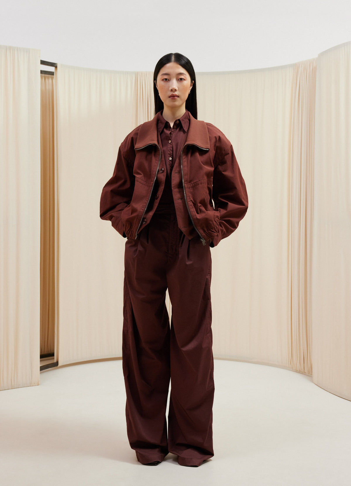 Lemaire Double Layer Blouson in Cotton Bachette, model shot, Front view Boxy fit with wide leg