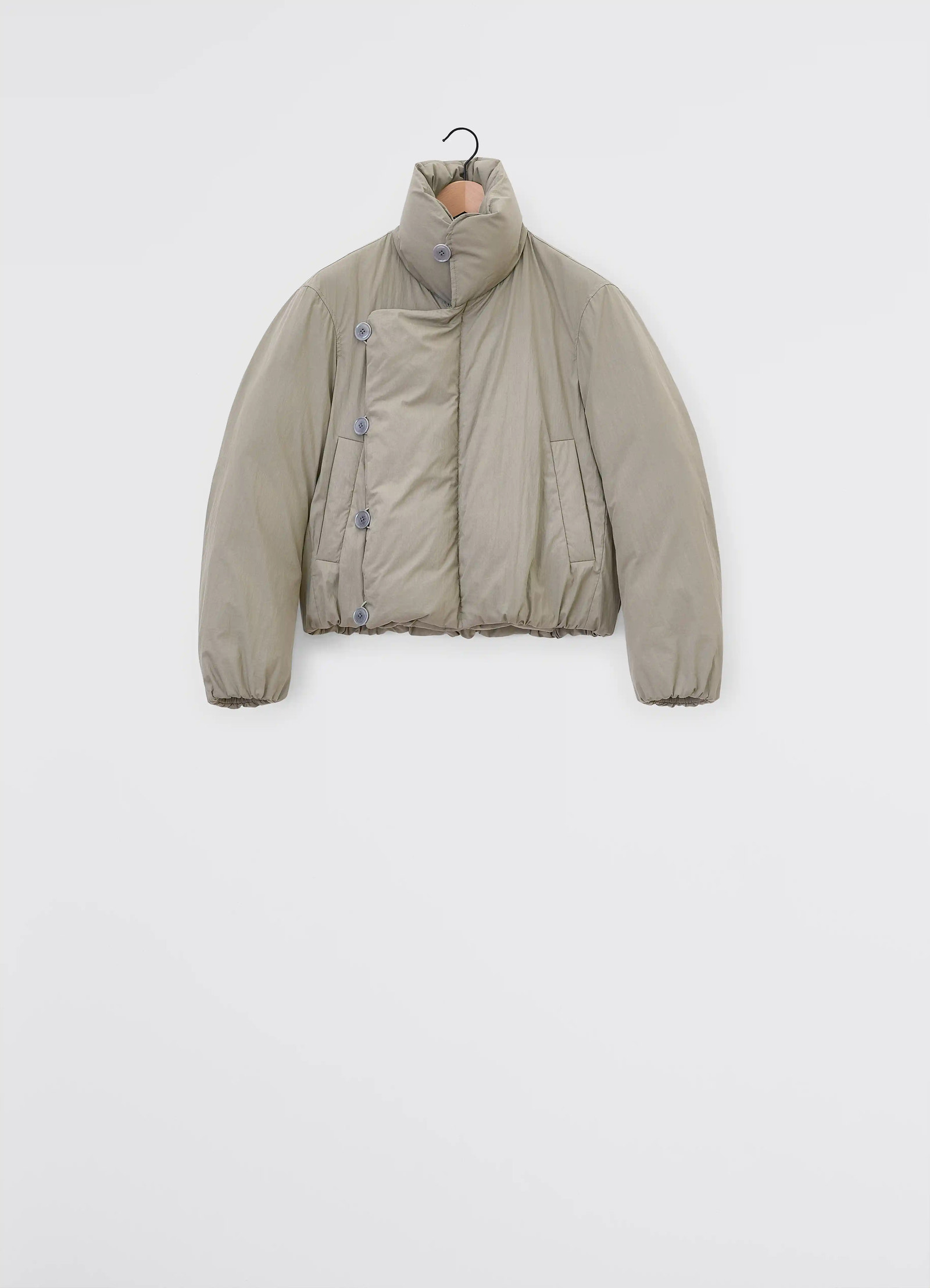 Lemaire short puffer blouson in light cotton blend, product shot, back centered view high collar, elastic cuffs