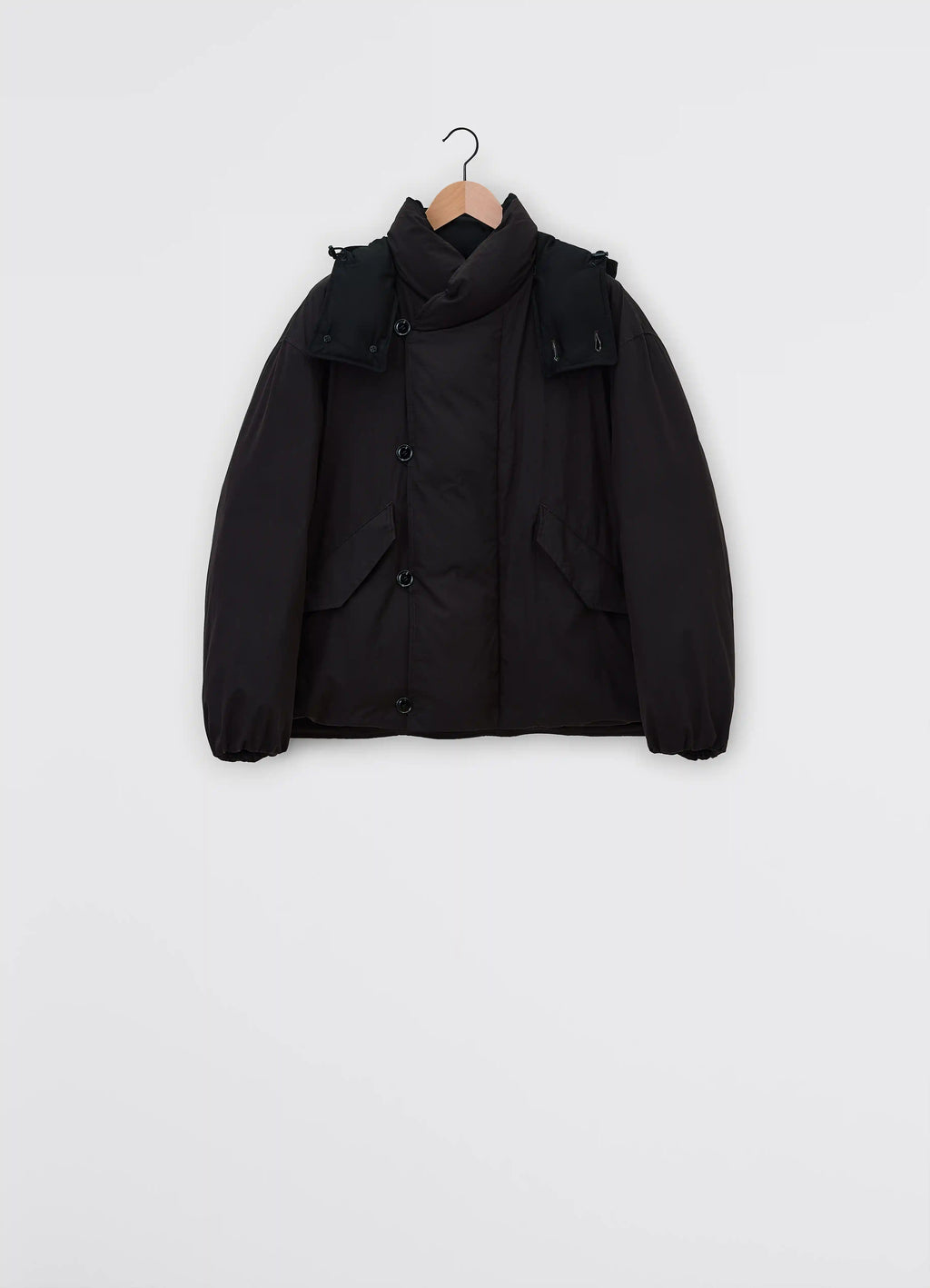 Lemaire Hooded Puffer Blouson in Dark cotton blend, product shot, back view button closure, elastic cuffs